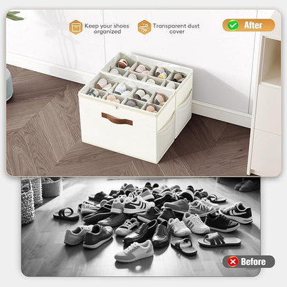 Budding Joy 2 Pack Shoe Organizer for Closet, Clear Foldable Shoe Storage Containers Adjustable Dividers Fits 16 Pairs,Shoe Storage Bins Baskets Boxes with Reinforced Handles Beige