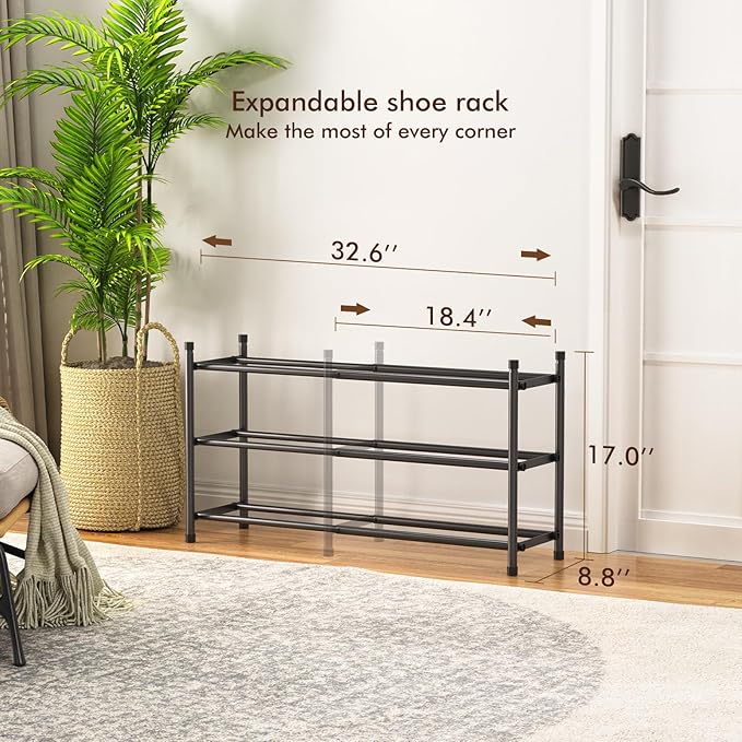 Uneviesyka Expandable Shoe Rack, 3 Tier Shoe Rack for Closet, Stackable Adjustable Standing Metal Shoe Shelf Organizer Storage, Small Shoe Racks for Front Door Entrance、Entryway(Black)