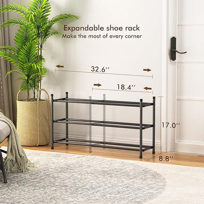 Uneviesyka Expandable Shoe Rack, 3 Tier Shoe Rack for Closet, Stackable Adjustable Standing Metal Shoe Shelf Organizer Storage, Small Shoe Racks for Front Door Entrance、Entryway(Black)