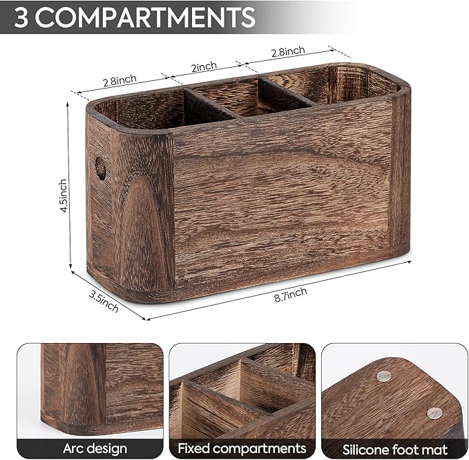 VIVIRBIEN Wooden Silverware Holder for Countertop, Kitchen Utensil Caddy with 3 Compartments, Cutlery Storage Organizer Countertop, Flatware Organizer for Party, Spoon, Fork Holder