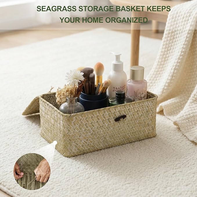 Nonam Storage Basket with Lid, Natural Seagrass Bin with Lid Set of 3, Shelf Baskets Multipurpose Container for Boho Decoration, Rectangular Household Storage Boxes for Home Organization-White