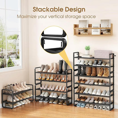 SAYZH Expandable Shoe Rack for Closet, Adjustable Metal Shoe Organizer with Sturdy Mesh Shelves for Boots & Heels, Stackable Shoe Storage for Entryway, Garage, Small Spaces (Black, 2-Tier)