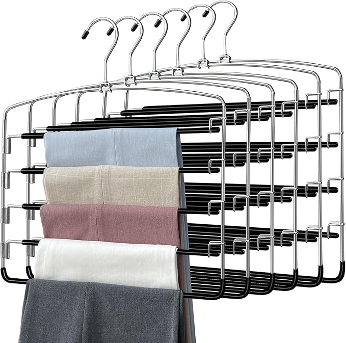 Pants Hangers 6 Pieces,5 Tier Closet Organizers and Storage Clothes Hangers,Hangers Space Saving with Swing Arm,Multiple Metal Hanger Clothes Organization for Pants Trousers Jeans Leggings Slacks