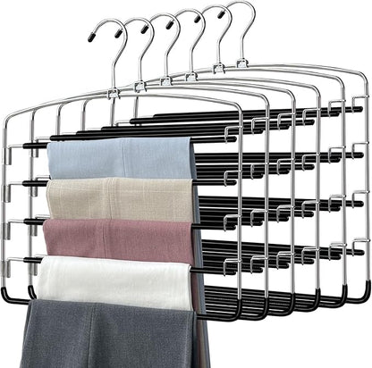 Pants Hangers 6 Pieces,5 Tier Closet Organizers and Storage Clothes Hangers,Hangers Space Saving with Swing Arm,Multiple Metal Hanger Clothes Organization for Pants Trousers Jeans Leggings Slacks