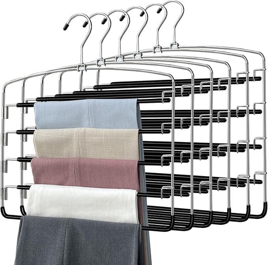 Pants Hangers 6 Pieces,5 Tier Closet Organizers and Storage Clothes Hangers,Hangers Space Saving with Swing Arm,Multiple Metal Hanger Clothes Organization for Pants Trousers Jeans Leggings Slacks