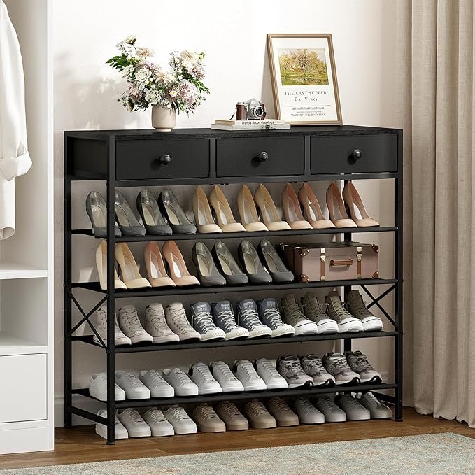 Shoe Rack, 5 Tier Shoe Organizer with 3 Drawers, Metal Shoe Storage for 24-30 Pairs of Shoes with Fabric Shelves and Wooden Top, Narrow Shoe Shelf for Closet Entryway Black