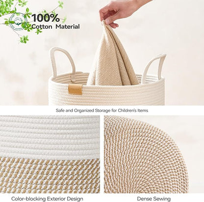 Nunsino Laundry Hamper 95L,Large Laundry Basket for Clothes,Decorative Storage Basket for Blankets,Cotton Rope Woven basket for bedroom,Brown White