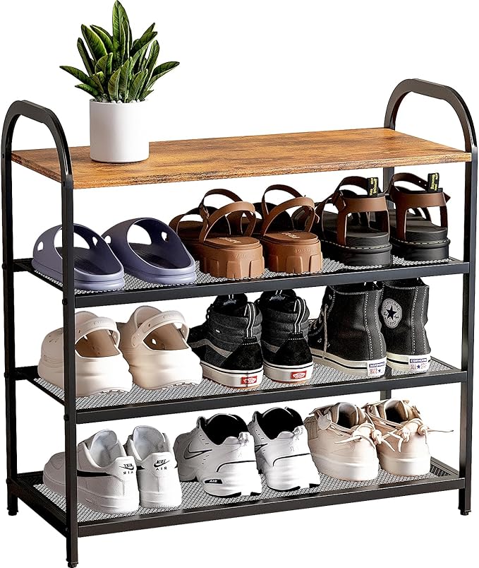 4-Tier Shoe Rack with Large Capacity, Metal Shoe Shelf Organizer, Free Standing Shoe Rack for Front Door Entrance Entryway Hallway Living Room Doorway (11.02"D x 24.41"W x 23.62"H, Rustic)