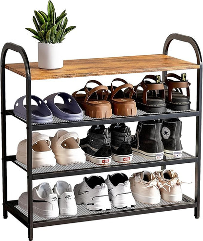 4-Tier Shoe Rack with Large Capacity, Metal Shoe Shelf Organizer, Free Standing Shoe Rack for Front Door Entrance Entryway Hallway Living Room Doorway (11.02"D x 24.41"W x 23.62"H, Rustic)