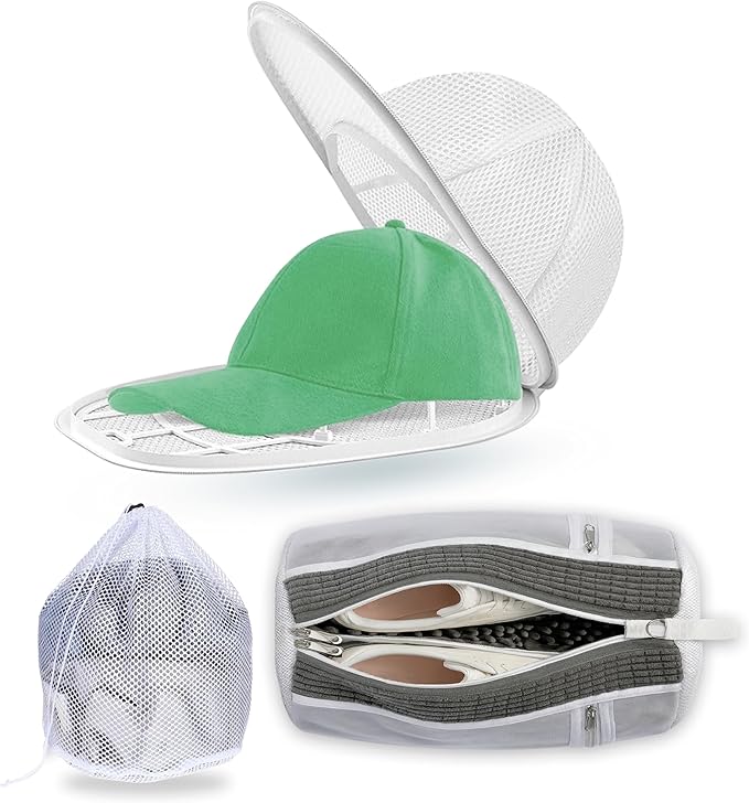 Hat Washer Cage Set – Baseball Cap Washer for Washing Machine or Dishwasher, Protects Flat & Curved Hats, 1 Pack White + Shoe Washing Machine Bag (Grey) & Mesh Laundry Bag