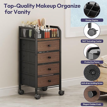 SWTYMIKI Rolling Makeup Organizer Cart - Under Desk Vanity Makeup Storage with 4 Non-woven Drawers, Nail Cart Organizer Cosmetic Display Cases Cabinet for Skin Care Perfume Nail Polish Brush Hair Tool