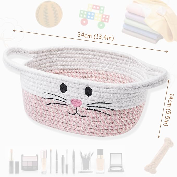 STOBSK Small Woven Baskets for Organizing with Handle Cute Cotton Basket for Nursery Gift Dog Cat Toy Storage Basket for Toy Organizer-Pink