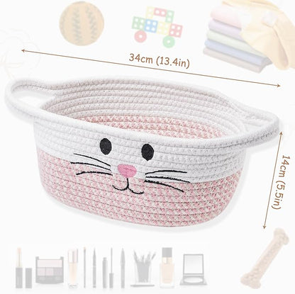 STOBSK Small Woven Baskets for Organizing with Handle Cute Cotton Basket for Nursery Gift Dog Cat Toy Storage Basket for Toy Organizer-Pink
