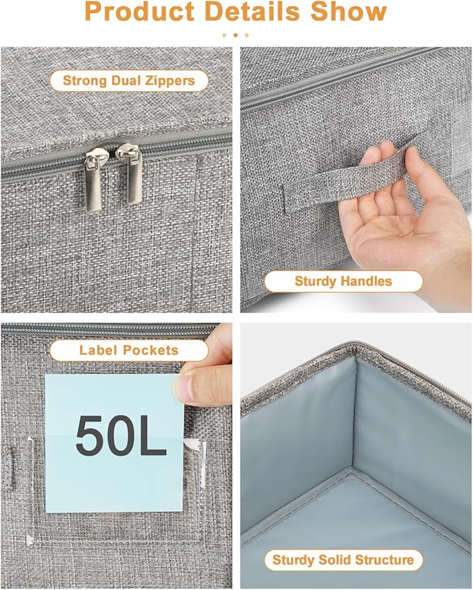 punemi Under Bed Storage, 3 Pack Underbed Storage Container Bags With Lid, Foldable Sturdy Clothes Storage Drawer Organizer W/ 3 Handles, Ultra Thick Fabric Blanket Shoe Storage Box, Grey