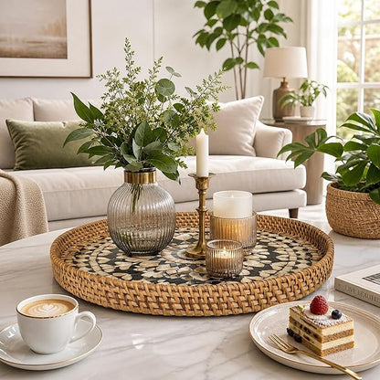 16" Rattan & Mother of Pearl Lazy Susan with Artisan Inlay - Round Black Rotating Turntable - Modern Server for Spices, Condiments & Holiday Hosting