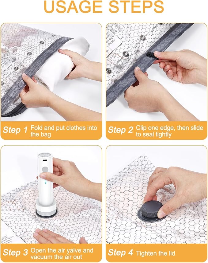 Vacuum Bags for Travel, Vacuum Seal Bags with Rechargeable Air Pump, Compression Packing Bags for Luggage and Suitcase, Space Saver Bags for Clothes and Clothing, Bedding, 6 Combo Travel Size