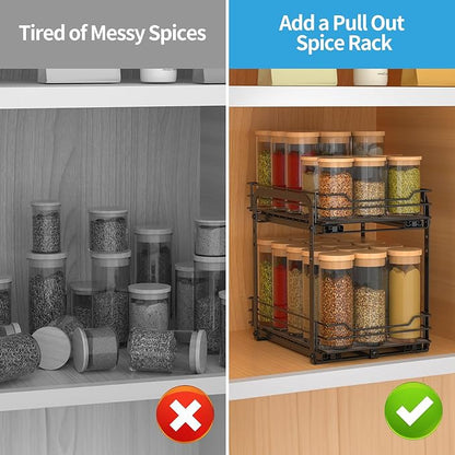 BOIVSHI Spice Rack, Pull Out Spice Racks Organizer for Cabinet, Height Adjustable Heavy Duty Metal Basket for Inside Cabinets & Pantry Closet (2 Tier,7.5''Wx10.5''Dx9.5''H)