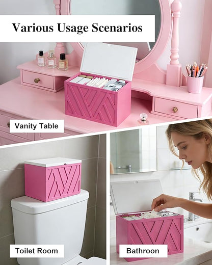 Tampon Holder for Bathroom Decor Feminine Product Organizer With Lid Shark Week Box Wooden Pad Girl Stuff Box (BLACK, lid) (1, PINK)