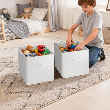 WUIKE 11-Inch White Storage Cube Bins, Leather Front Cubby Organizer Baskets with Handles, Collapsible Storage Bins for Shelves and Closet, 4-Pack