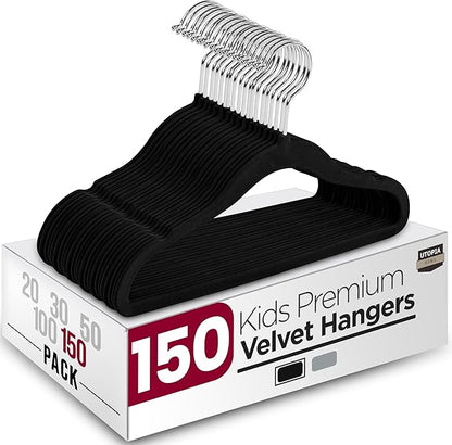 Utopia Home Kids Hangers Velvet (150 Pack) - 11 Inch Durable Baby Hangers for Closet - Perfect for Toddler & Non Slip for Everyday Use (Black)