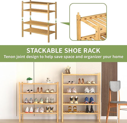 ROMGUAR CRAFT 4 Tier (Thick) Bamboo Shoe Rack for Closet Free Standing Wood Shoe Shelf for Entryway Small Space Stackable 27"x12"x28" (Natural)