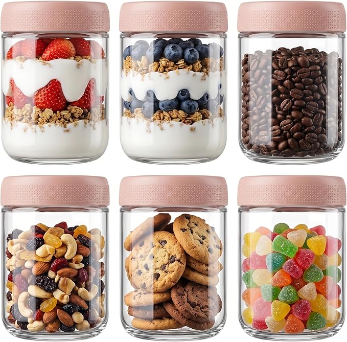 OcePor 6 Pack Overnight Oats Containers with Lids, 16 OZ Glass Mason Overnight Oats Jars, Large Capacity Airtight Jars for Milk, Cereal, Fruit(Pink)