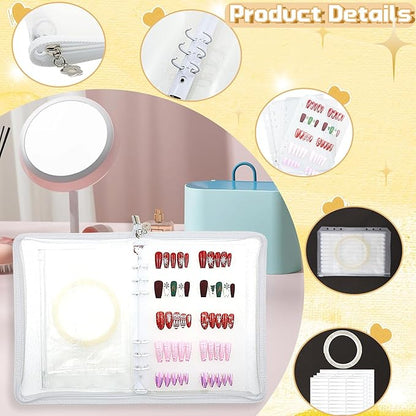 Press On Nail Storage Organizer with 4 Insert Pages - A5 Size Portable False Nail Storage Box for Collecting and Organizing Tips with Tape and Zipper Pocket (White)