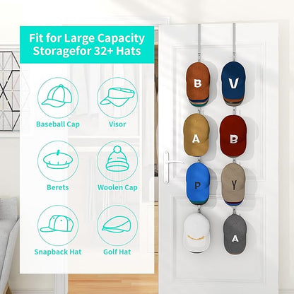 HapiRm Over Door Hat Rack - 2 Packs Hat Organizer with 8 Hooks Design, Hanging Baseball Cap Organizer Storage Holds Up to 40 Caps for Door, Bedroom, Closet (Sliver)