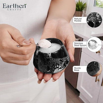 Marble Salt Cellar with Lid & Spoon Black 3" Inches Stone Salt Holder for Countertop, Salt and Spice Jar Salt Box Seasoning Containers, Kitchen Decor, 3 OZ Capacity