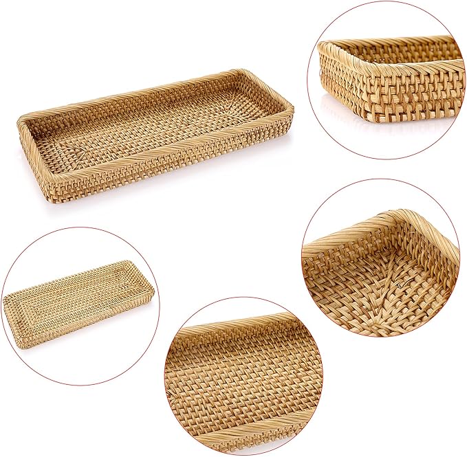 Sumnacon 16 Inch Rattan Bathroom Vanity Tray - Decorative Wicker Toilet Tank Tray for Paper Hand Towel, Vintage Storage Basket Bin for Bathroom Kitchen Toilet Tank Vanity Countertop Table Shelf