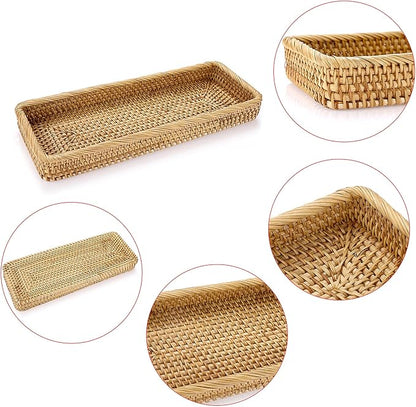 Sumnacon 16 Inch Rattan Bathroom Vanity Tray - Decorative Wicker Toilet Tank Tray for Paper Hand Towel, Vintage Storage Basket Bin for Bathroom Kitchen Toilet Tank Vanity Countertop Table Shelf
