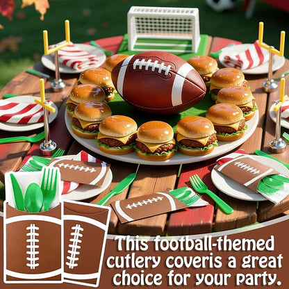 Tinlade 24 Pcs Football Utensil Holder Paper Silverware Sleeves, 3.54 x 5.12 Inch Disposable Cutlery Holders, Utensil Bags for Football Party Supplies, Sports Event, Birthday, Kitchen Decorations