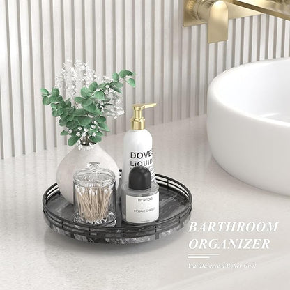 Marble Lazy Susan Turntable for Table Top – 10” Round Ancient Wood Grain Marble Tray Organizer for Dining Table, Kitchen Countertop & Bar, Luxury Stone Serving Tray with Black Iron Frame