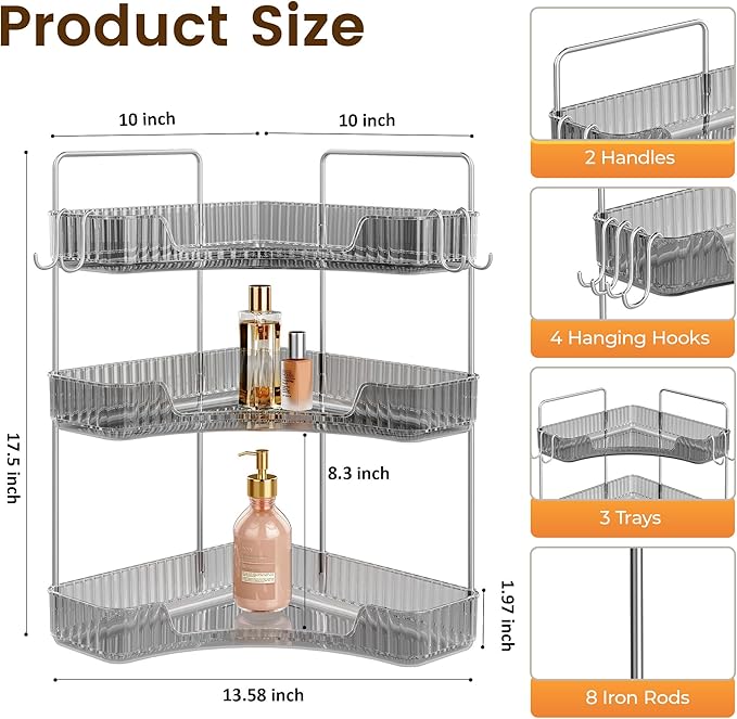 3-Tier Corner Organizer with Hooks, Gray PET Counter Storage | Multi-Purpose for Bathroom Skincare & Kitchen Organization