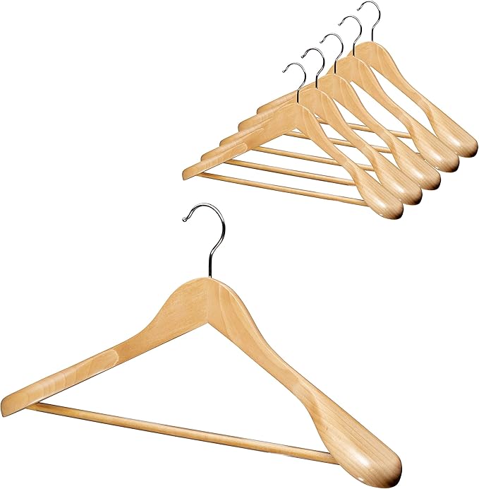 Bartnelli Wood Coat Hangers with Non-Slip Bar for Pants, Jeans and Trousers – Solid Wooden Jacket and Coat Hangers with Chrome Swivel Hook – Natural Finish - Pack of 6