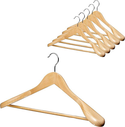 Bartnelli Wood Coat Hangers with Non-Slip Bar for Pants, Jeans and Trousers – Solid Wooden Jacket and Coat Hangers with Chrome Swivel Hook – Natural Finish - Pack of 6