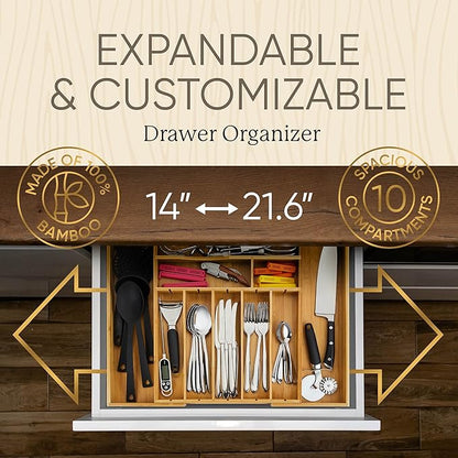 Night Tree 2.5” Extra Deep Silverware Drawer Organizer with Adjustable Dividers – Expandable Bamboo Flatware Tray for Kitchen, Reinforced Wood Cutlery Holder (14"-21.6" Wide)