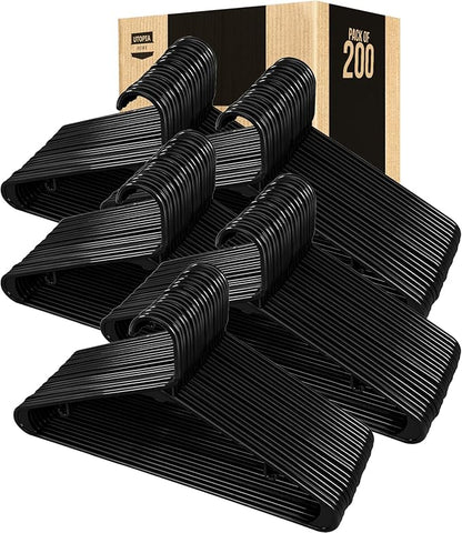 Utopia Home Plastic Hangers 200 Pack - Space Saving Clothes Hanger - Durable & Strong Closet Organizers and Storage with Built-in Strap Hooks - Essential for Shirts, Pants, Skirts & Coats (Black)