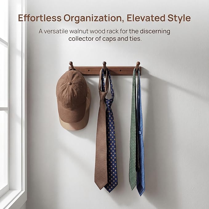 Hat Rack for Baseball Caps, Black Walnut Hat Organizer, Holds 30 Caps, Wall Mounted with Expansion Bolts or Adhesive