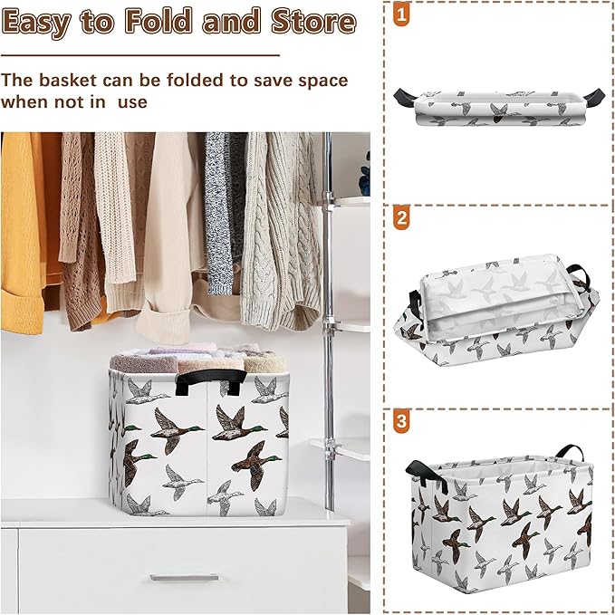 Mallard Duck Storage Basket, Collapsible Waterproof Canvas Organizer Bin, Funny Rectangular Kids Toys Storage Box Cute Mallard Duck Decor, Shelf Baskets for Closet Bedroom Office Dorm (Brown)