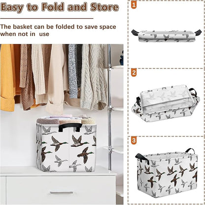 Mallard Duck Storage Basket, Collapsible Waterproof Canvas Organizer Bin, Funny Rectangular Kids Toys Storage Box Cute Mallard Duck Decor, Shelf Baskets for Closet Bedroom Office Dorm (Brown)