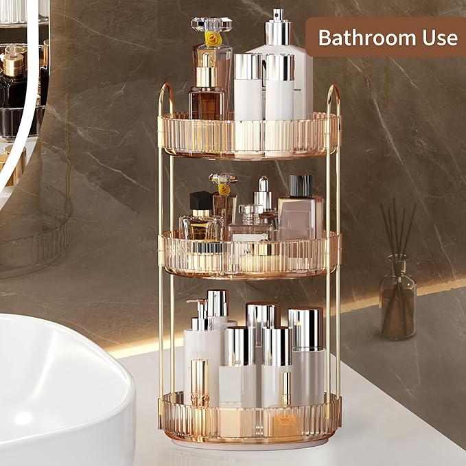 YCIA&DONE 360 Rotating Makeup Organizer and Storage for Vanity Countertop 3 Tiers, High Capacity Cosmetic Skincare Perfume Organizers for Dresser Bathroom Lazy Susan (Amber Gold)