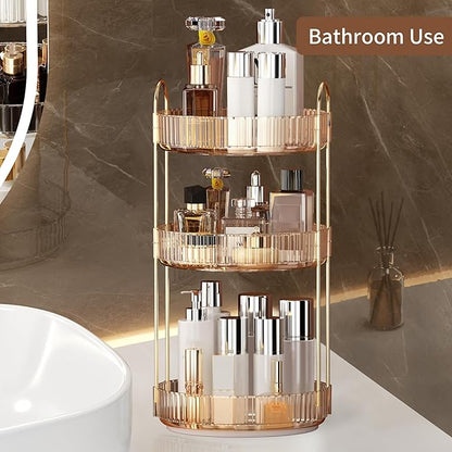 YCIA&DONE 360 Rotating Makeup Organizer and Storage for Vanity Countertop 3 Tiers, High Capacity Cosmetic Skincare Perfume Organizers for Dresser Bathroom Lazy Susan (Amber Gold)
