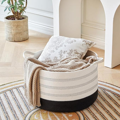 R RUNKA XXXLarge Cotton Rope Basket 22" X 22"X 14" Blanket Basket for Living Room Woven Basket Soft Baby Laundry Blanket Basket Nursery Bin Toy Basket with Handle White+Black
