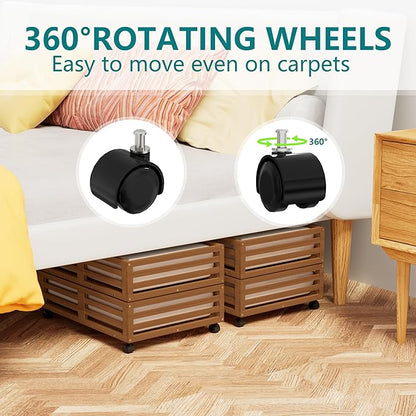 Bamboo Under Bed Storage Containers- Underbed Organizer with Wheels with Large Capacity Dust Bag,Sturdy Wood Rolling Under Bed Shoe Storage Organizer 2 Packs (Walnut, 2 Packs (23.62"×16.54"))