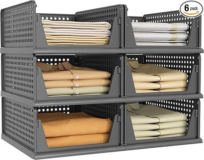 Pinkpum 6 Pack Black Closet Organizers and Storage Plastic Stackable Storage Bins, Morden Foldable Drawer Shelf Storage Container for Wardrobe Kitchen Bathroom Dorm