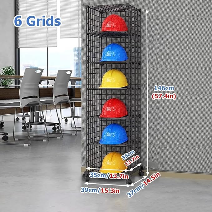 Stackable Safety Helmet Storage Boxes, Large Adjustable Hard Hat Placement Organizer Rack with Wheels for Construction Site/Garage/Workshop/Factory Helmet Display Shelf (1 * 6)
