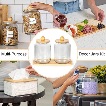 Glass Laundry Jars with Airtight Lids - Kitchen & Laundry Room Organization Containers with Dryer Sheet Holder,Bamboo Tray - Laundry Detergent Powder Half Gallon Storage Canisters with Labels