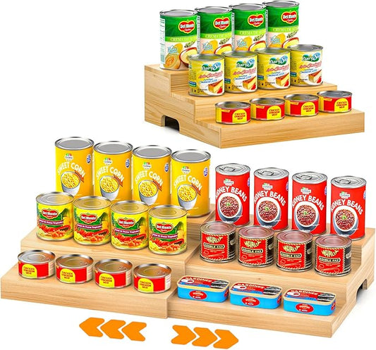 Expandable Can Rack Organizer for Pantry, 3 Tier Wooden Can holder, Canned Goods Organizer Holds Up to 24 Cans Soda, Cannd Food Storage Display for Cabinet, Pantry, Kicthen Countertop