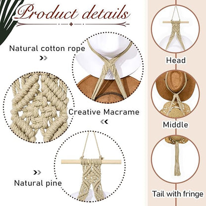Yulejo Macrame Hat Hangers Racks Boho Cowboy Hats Holders Western Display Organizer Storage decor Back of Door for Wall(Beige,Five Hats Style)